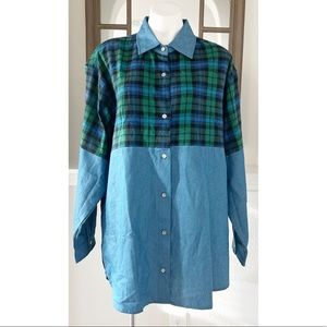 Miss Lili Plaid Denim Shirt Button-Up, Blue Green Plus Size 3X New w/Tag